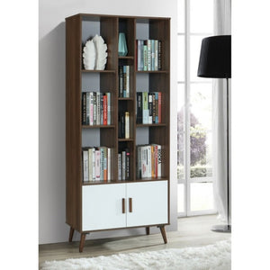 English Elm 75 Inch Two Tone Walnut Bookcase with Ten Open Shelves and Concealed Cabinet Storage Walnut/White B011P567075