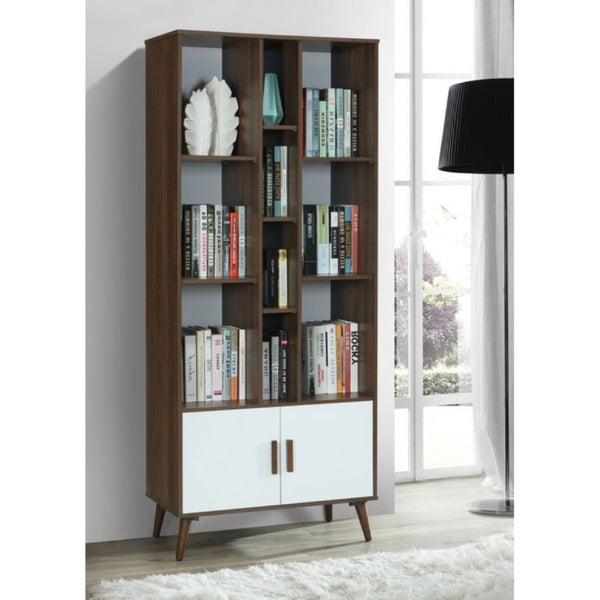 English Elm 75 Inch Two Tone Walnut Bookcase with Ten Open Shelves and Concealed Cabinet Storage Walnut/White B011P567075