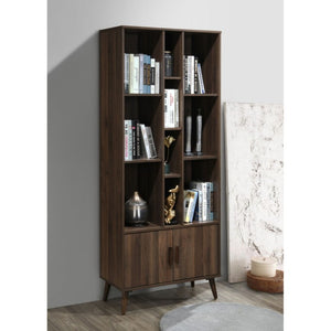 English Elm 75 Inch Two Tone Walnut Bookcase with Ten Open Shelves and Concealed Cabinet Storage Dark Walnut B011P567076