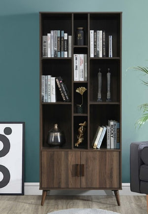 English Elm 75 Inch Two Tone Walnut Bookcase with Ten Open Shelves and Concealed Cabinet Storage Dark Walnut B011P567076