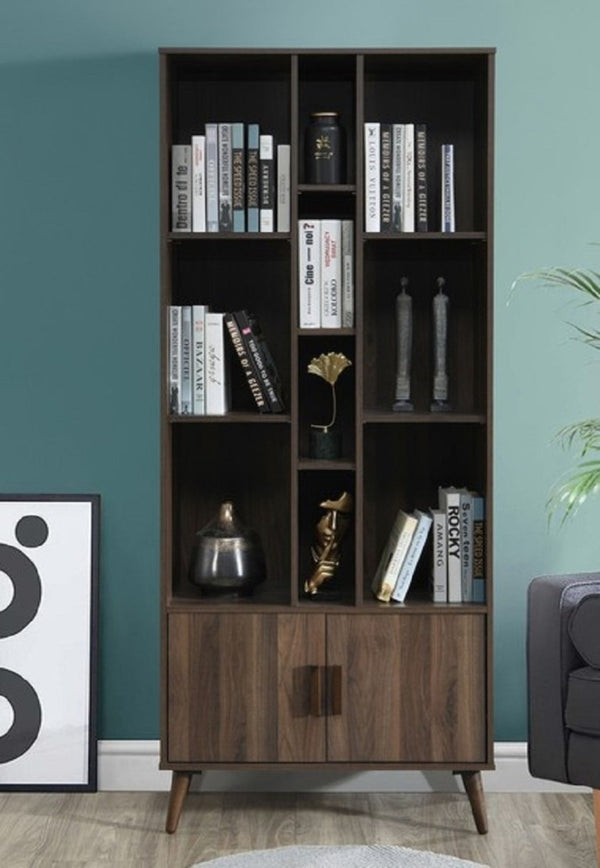 English Elm 75 Inch Two Tone Walnut Bookcase with Ten Open Shelves and Concealed Cabinet Storage Dark Walnut B011P567076