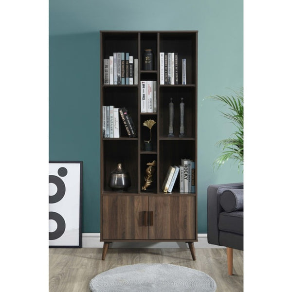 English Elm 75 Inch Two Tone Walnut Bookcase with Ten Open Shelves and Concealed Cabinet Storage Dark Walnut B011P567076