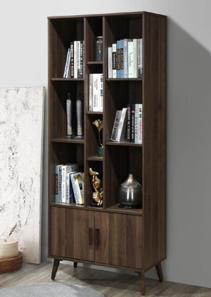 English Elm 75 Inch Two Tone Walnut Bookcase with Ten Open Shelves and Concealed Cabinet Storage Dark Walnut B011P567076