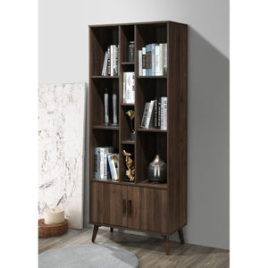 English Elm 75 Inch Two Tone Walnut Bookcase with Ten Open Shelves and Concealed Cabinet Storage Dark Walnut B011P567076