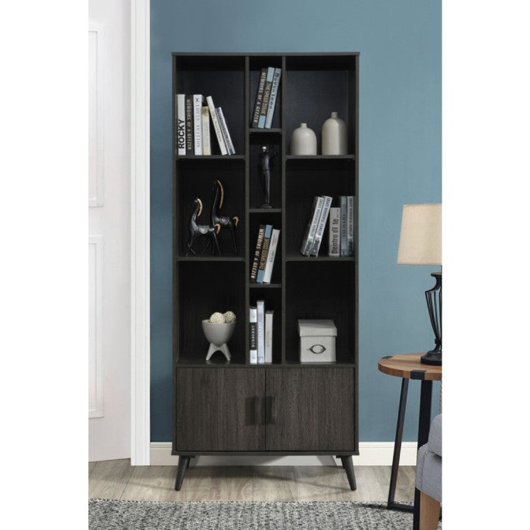 English Elm 75 Inch Two Tone Walnut Bookcase with Ten Open Shelves and Concealed Cabinet Storage Espresso B011P567077