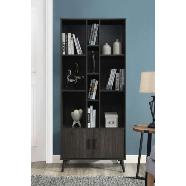 English Elm 75 Inch Two Tone Walnut Bookcase with Ten Open Shelves and Concealed Cabinet Storage Espresso B011P567077