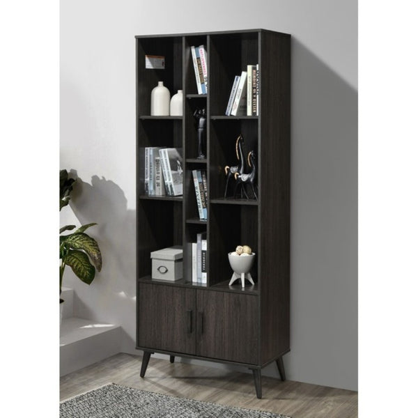 English Elm 75 Inch Two Tone Walnut Bookcase with Ten Open Shelves and Concealed Cabinet Storage Espresso B011P567077