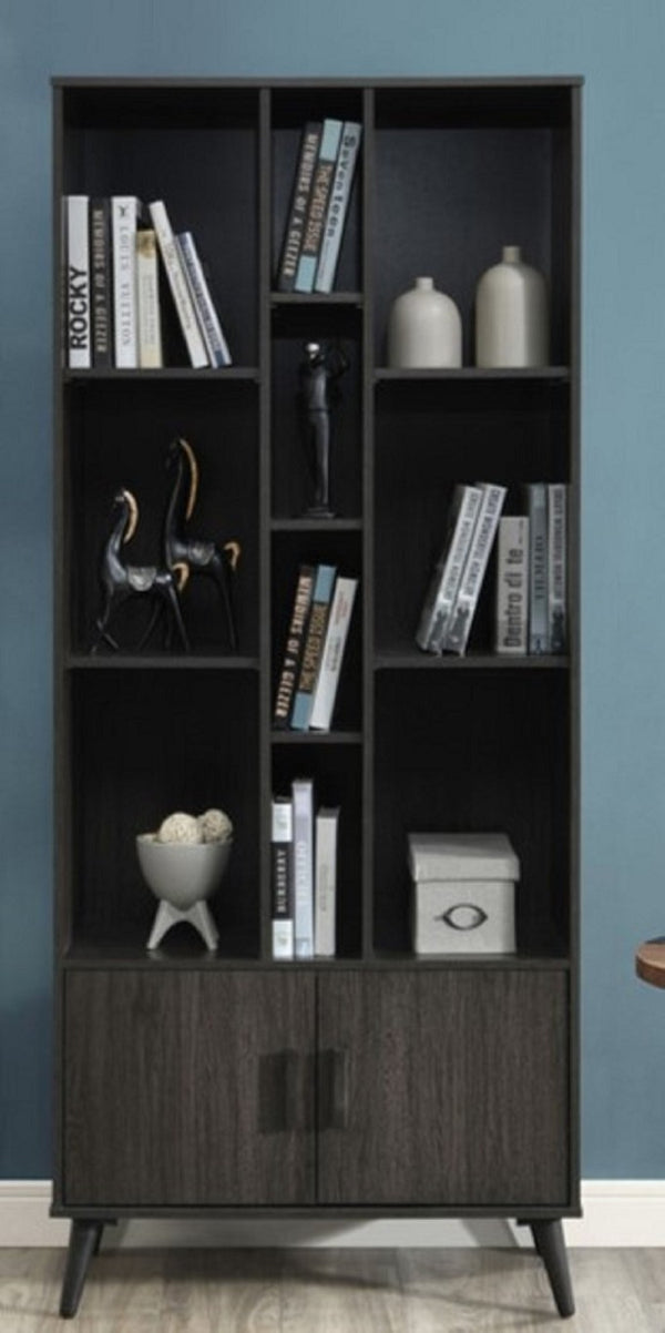 English Elm 75 Inch Two Tone Walnut Bookcase with Ten Open Shelves and Concealed Cabinet Storage Espresso B011P567077