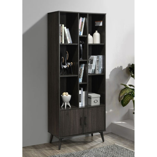 English Elm 75 Inch Two Tone Walnut Bookcase with Ten Open Shelves and Concealed Cabinet Storage Espresso B011P567077