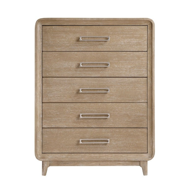 English Elm Modern Oak Veneer Five Drawer Tall Chest with Antique Nickel Pulls for Bedroom B011P567078