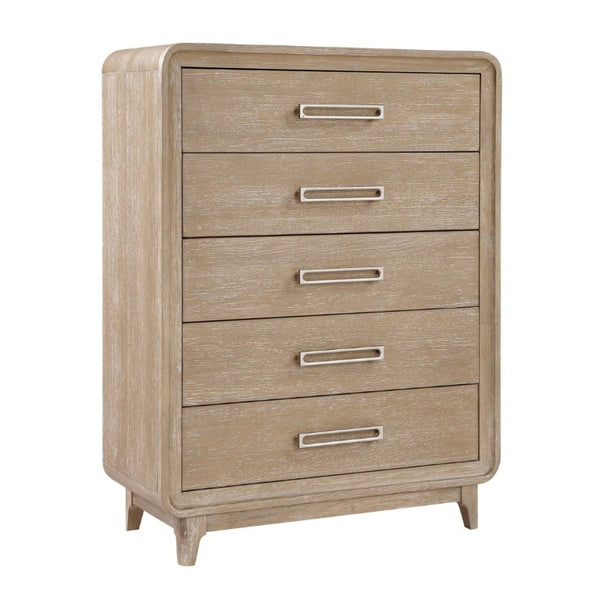 English Elm Modern Oak Veneer Five Drawer Tall Chest with Antique Nickel Pulls for Bedroom B011P567078