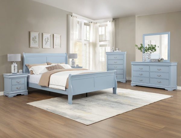 English Elm 1Pc Blue Louis Philip Wooden Nightstand Two Drawer Soft Close Bedroom Storage B011P567113