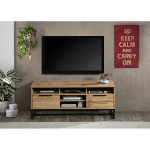 English Elm 47 Inch Oak Finish Media Console with Five Shelves Two Drawers for Living Room TV B011P567952