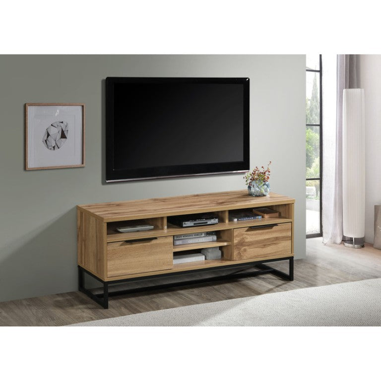 English Elm 47 Inch Oak Finish Media Console with Five Shelves Two Drawers for Living Room TV B011P567952
