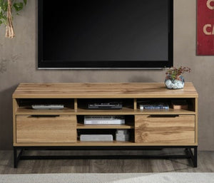 English Elm 47 Inch Oak Finish Media Console with Five Shelves Two Drawers for Living Room TV B011P567952