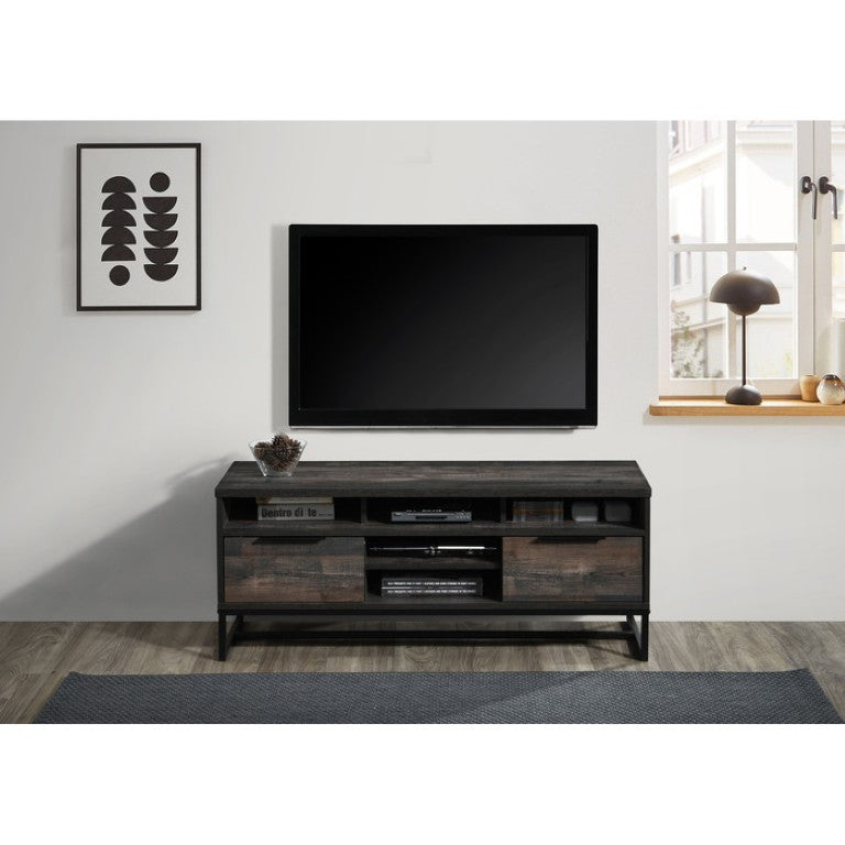 English Elm 47 Inch Rustic Gray Media Console with Tiered Open Shelving and Two Drawers B011P567954