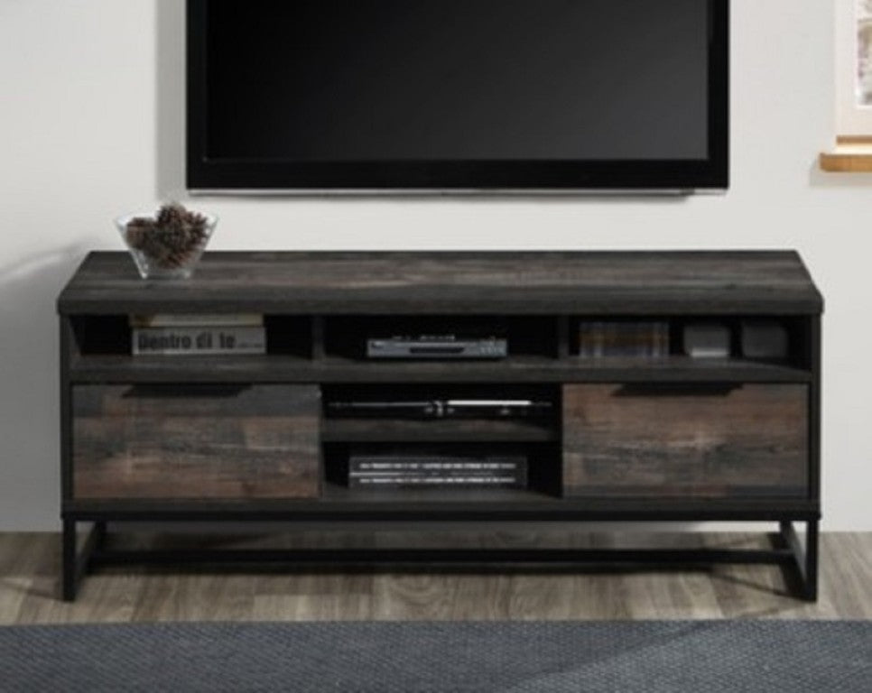 English Elm 47 Inch Rustic Gray Media Console with Tiered Open Shelving and Two Drawers B011P567954