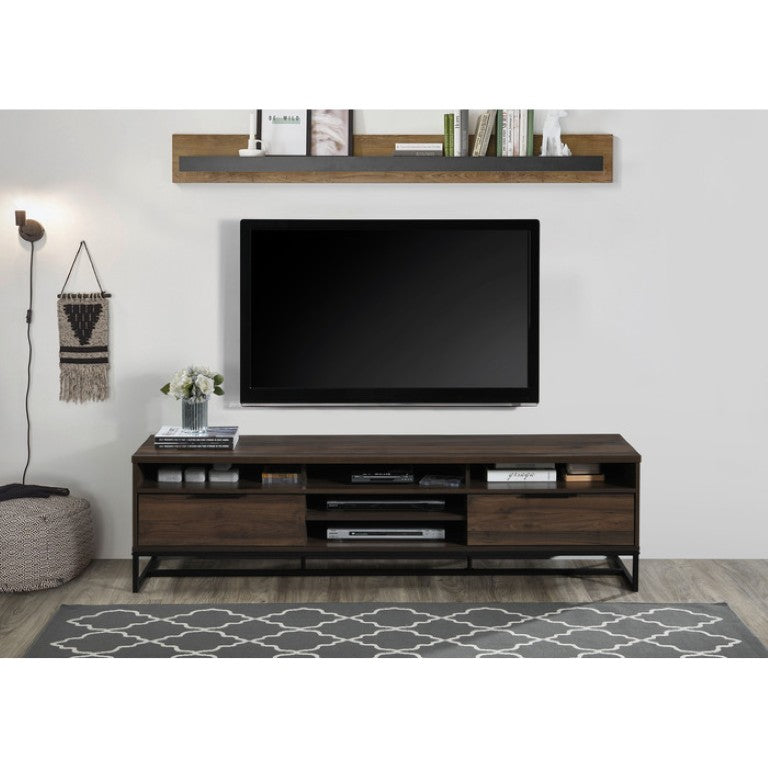 English Elm 71 Inch Dark Walnut Media Console with Five Shelves Two Drawers for Large TVs B011P567955