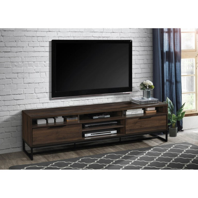 English Elm 71 Inch Dark Walnut Media Console with Five Shelves Two Drawers for Large TVs B011P567955