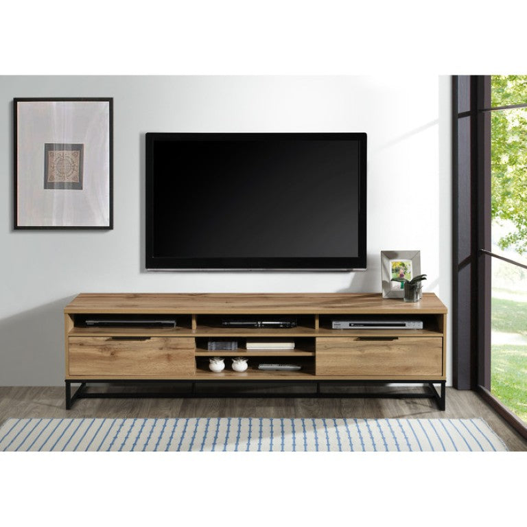 English Elm 71 Inch Oak Finish Media Console with Open Shelving and Drawer Storage for Large TVs B011P567956