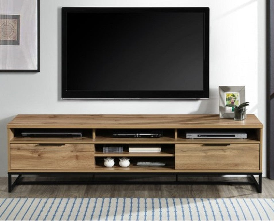 English Elm 71 Inch Oak Finish Media Console with Open Shelving and Drawer Storage for Large TVs B011P567956