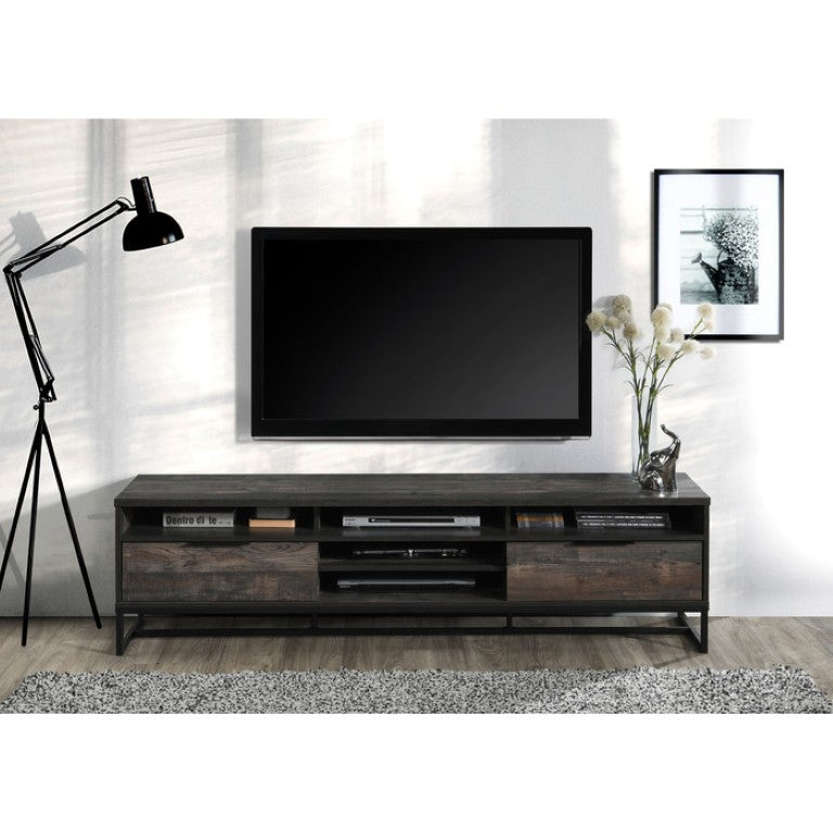 English Elm 71 Inch Rustic Gray Media Console with Five Open Shelves Two Drawers for Large TVs B011P567958