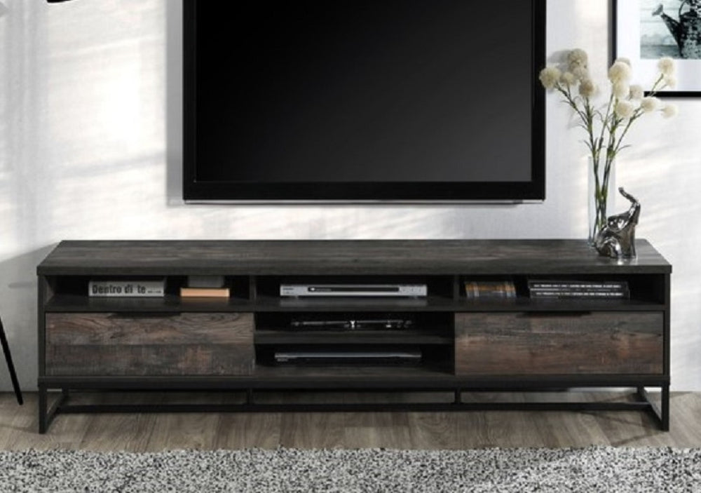 English Elm 71 Inch Rustic Gray Media Console with Five Open Shelves Two Drawers for Large TVs B011P567958