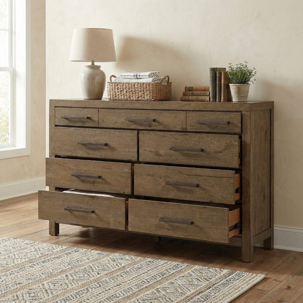 English Elm Rustic Brown French Oak Nine Drawer Dresser with Cedar Lining for Master Bedroom B011P568792