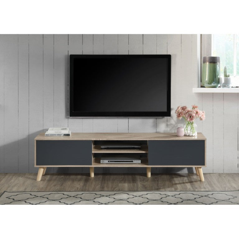 English Elm Contemporary Low Profile Faux Wood Media Console with Cabinet Storage for Large TVs Natural+Grey 70.87 inches B011P568793
