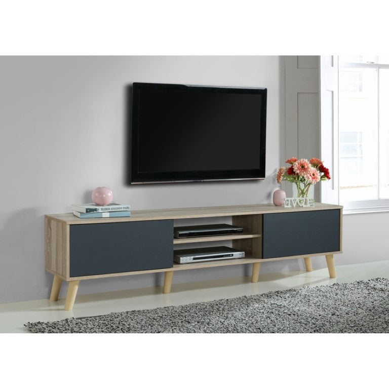English Elm Contemporary Low Profile Faux Wood Media Console with Cabinet Storage for Large TVs Natural+Grey 70.87 inches B011P568793