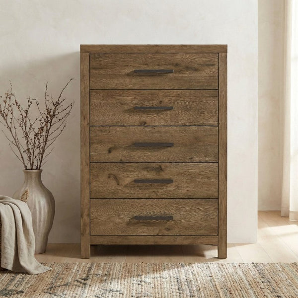 English Elm Rustic French Oak Veneer Tall Five Drawer Dresser with Cedar Lined Base for Bedroom B011P568797