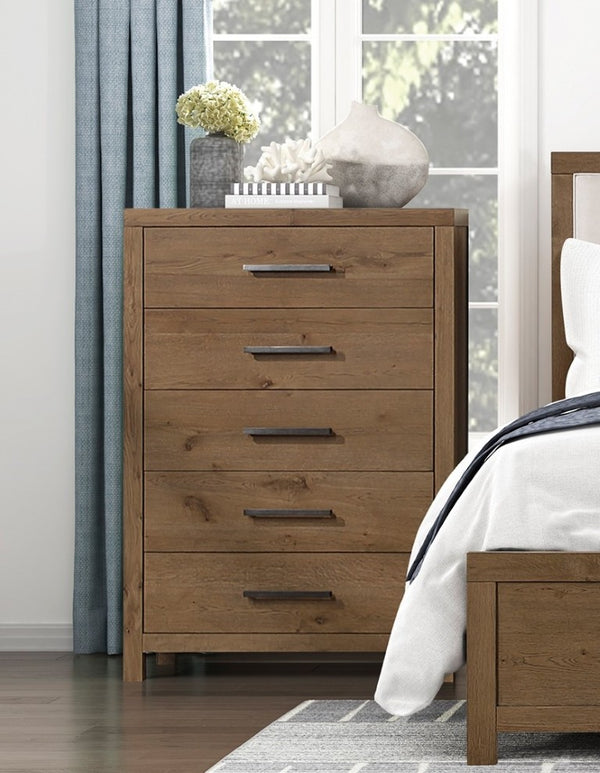 English Elm Rustic French Oak Veneer Tall Five Drawer Dresser with Cedar Lined Base for Bedroom B011P568797