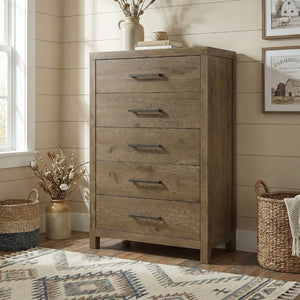 English Elm Rustic French Oak Veneer Tall Five Drawer Dresser with Cedar Lined Base for Bedroom B011P568797