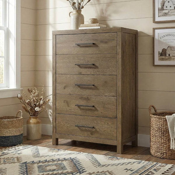 English Elm Rustic French Oak Veneer Tall Five Drawer Dresser with Cedar Lined Base for Bedroom B011P568797