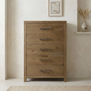 English Elm Rustic French Oak Veneer Tall Five Drawer Dresser with Cedar Lined Base for Bedroom B011P568797