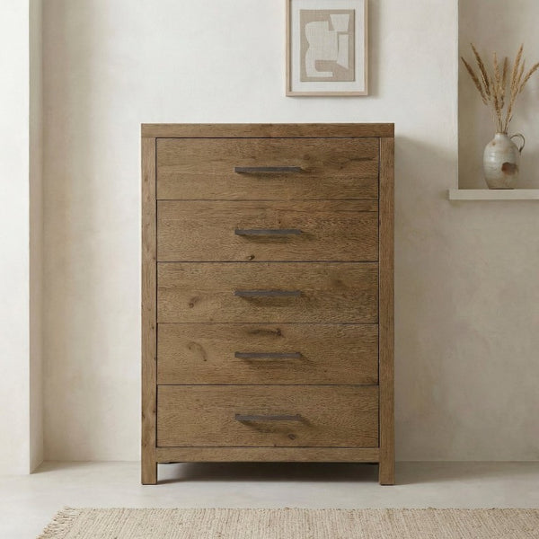 English Elm Rustic French Oak Veneer Tall Five Drawer Dresser with Cedar Lined Base for Bedroom B011P568797