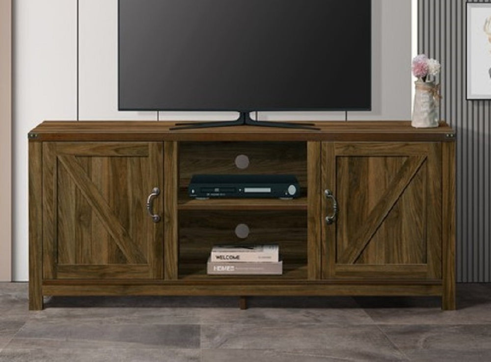 English Elm Farmhouse Style Wood Media Console with Open Shelves and Cabinet Storage for Large TVs Dark Oak B011P568800