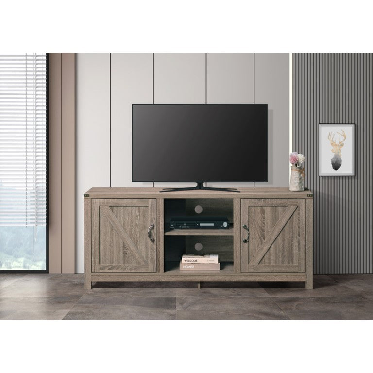 English Elm Farmhouse Wood Grain Media Console with Open Shelving and Cabinet Storage for Large TVs B011P568803