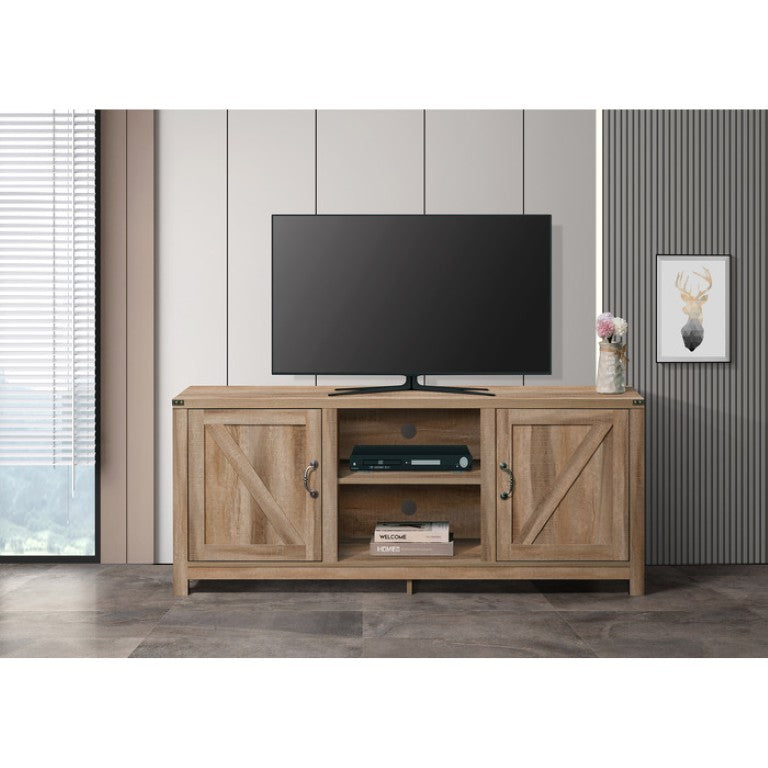 English Elm Farmhouse Style Media Console with Dual Cabinets Open Shelf Rustic Oak Wood Finish B011P568806