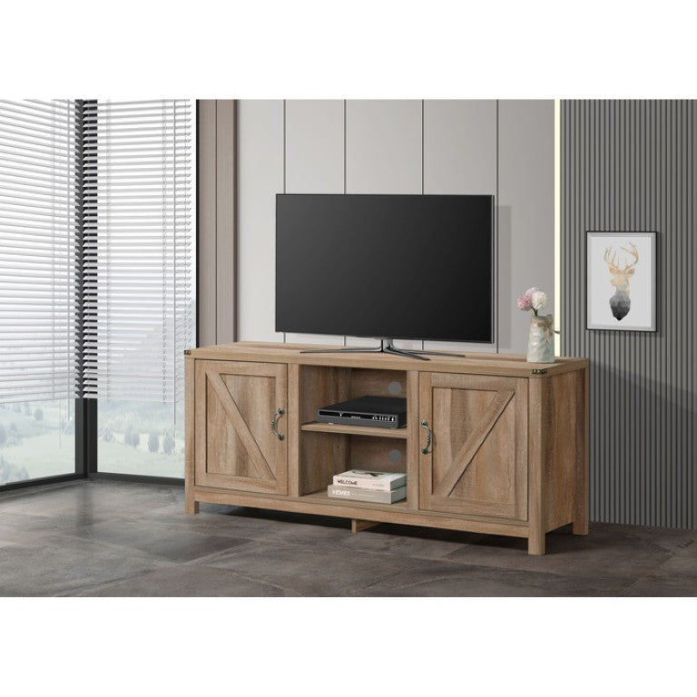 English Elm Farmhouse Style Media Console with Dual Cabinets Open Shelf Rustic Oak Wood Finish B011P568806