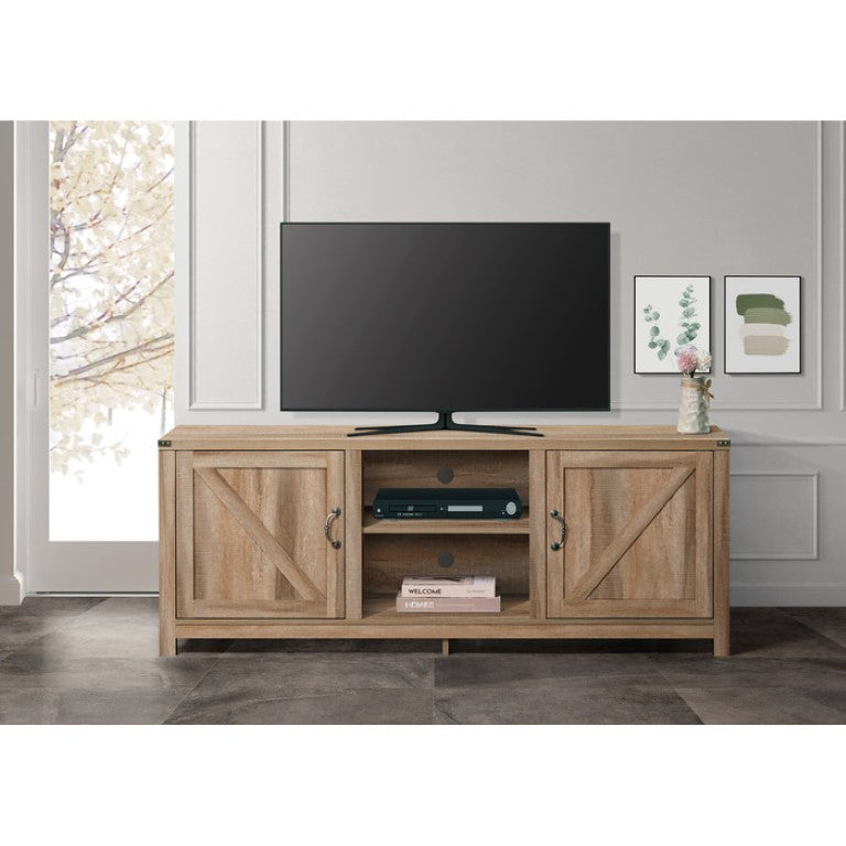English Elm Farmhouse Style 70 Inch Media Console with Open Shelving and Enclosed Cabinet Storage B011P568816