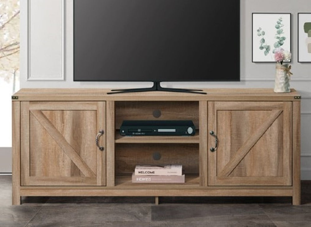 English Elm Farmhouse Style 70 Inch Media Console with Open Shelving and Enclosed Cabinet Storage B011P568816