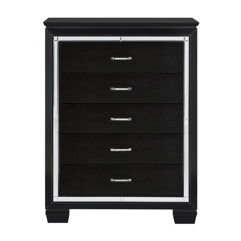 English Elm Chest of Five Drawers Black Lacquer Glam Alligator Embossed Mirror Trim Bedroom B011P569398