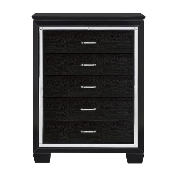 English Elm Chest of Five Drawers Black Lacquer Glam Alligator Embossed Mirror Trim Bedroom B011P569398