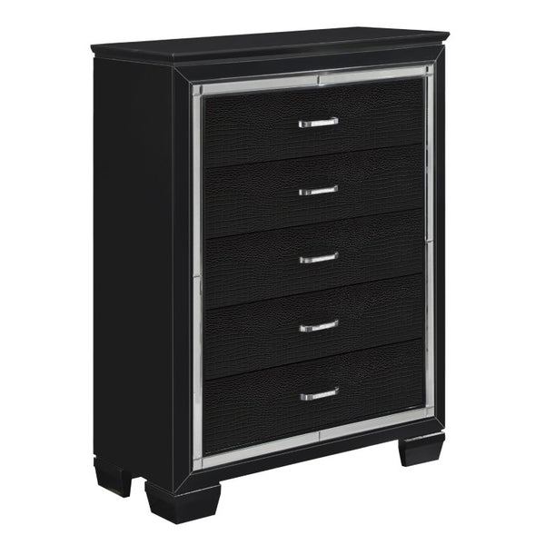 English Elm Chest of Five Drawers Black Lacquer Glam Alligator Embossed Mirror Trim Bedroom B011P569398