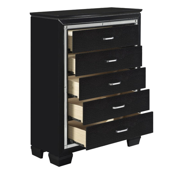English Elm Chest of Five Drawers Black Lacquer Glam Alligator Embossed Mirror Trim Bedroom B011P569398