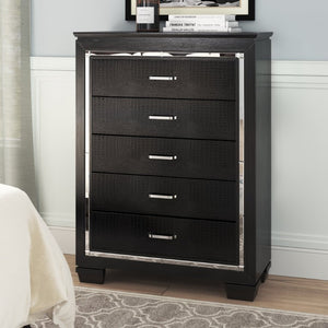 English Elm Chest of Five Drawers Black Lacquer Glam Alligator Embossed Mirror Trim Bedroom B011P569398