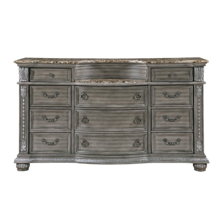 English Elm Dresser Traditional 11 Drawer Acacia Veneer Marble Top with Carved Bun Feet Gray Finish B011P569418