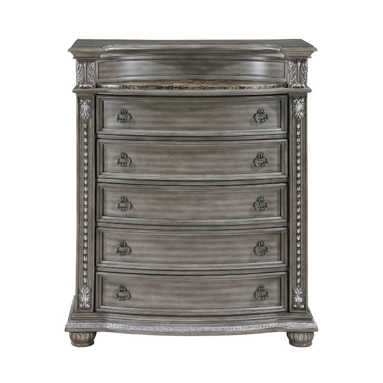 English Elm Chest of Drawers with Marble Top Acacia Veneer and Carved Acanthus Leaf Details B011P569419
