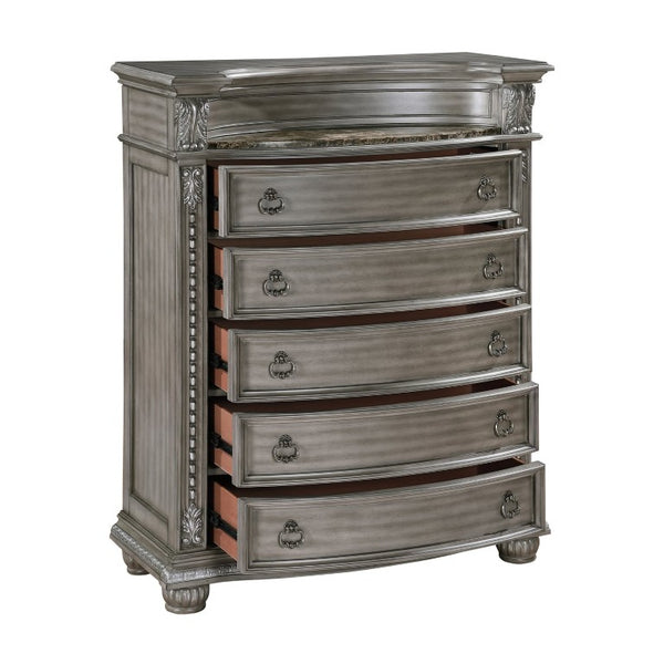 English Elm Chest of Drawers with Marble Top Acacia Veneer and Carved Acanthus Leaf Details B011P569419